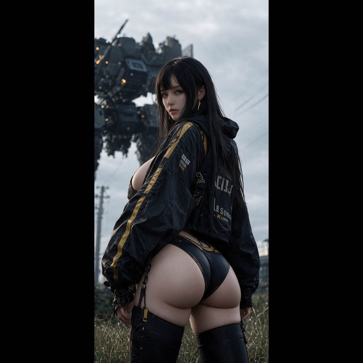 Vertical photorealistic digital artwork of a young dark-haired woman with heavy fringe bangs wearing a black and gold streetwear jacket in front of a giant industrial mech under a stormy sky.