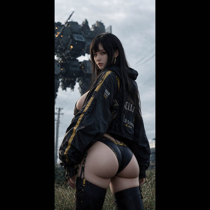 Vertical photorealistic digital artwork of a young dark-haired woman with heavy fringe bangs wearing a black and gold streetwear jacket in front of a giant industrial mech under a stormy sky.