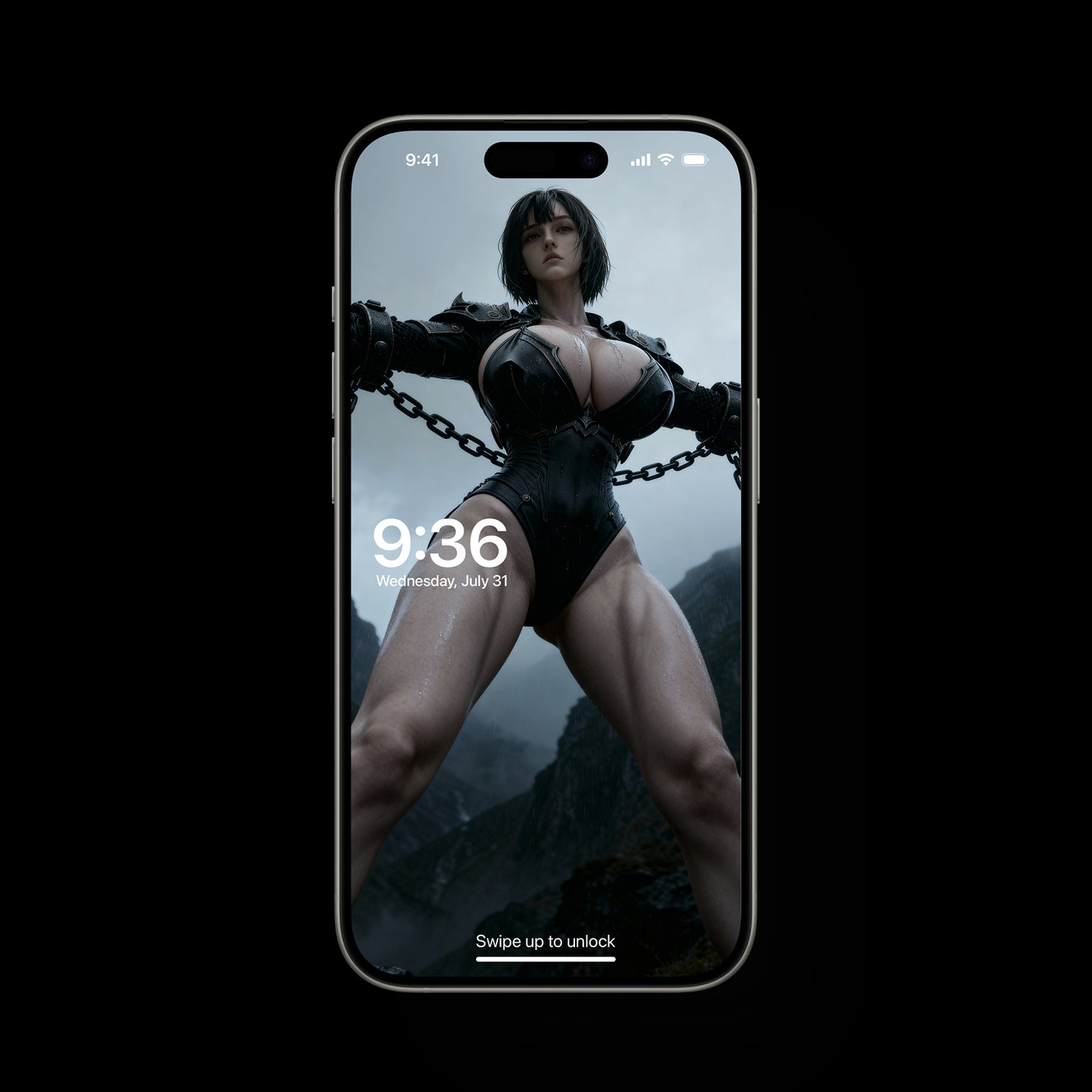 A dark fantasy scene of Mist captured and restrained, standing in chains within a shadowy environment. The atmosphere is tense and mysterious, with dramatic lighting emphasizing the character’s defiant presence.