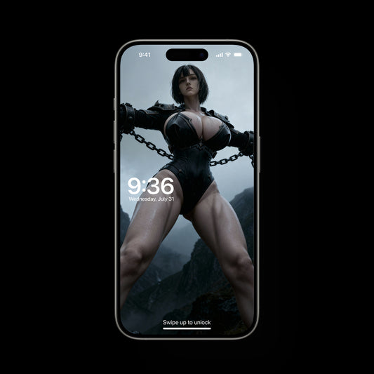 A dark fantasy scene of Mist captured and restrained, standing in chains within a shadowy environment. The atmosphere is tense and mysterious, with dramatic lighting emphasizing the character’s defiant presence.