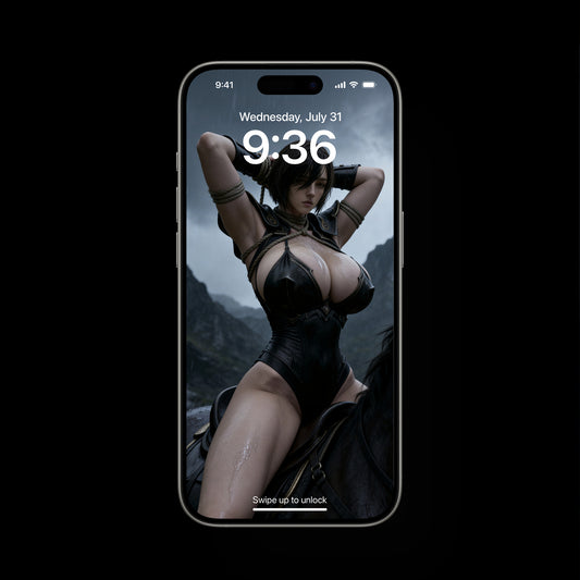 A high-resolution mobile wallpaper of the Norse Valkyrie, Mist, riding a horse. She wears ornate black leather armor that highlights her athletic figure and narrow waist. Her skin is glistening, and her intense gaze creates a powerful, ethereal presence in a cinematic dark fantasy style. Dark fantasy wallpaper.