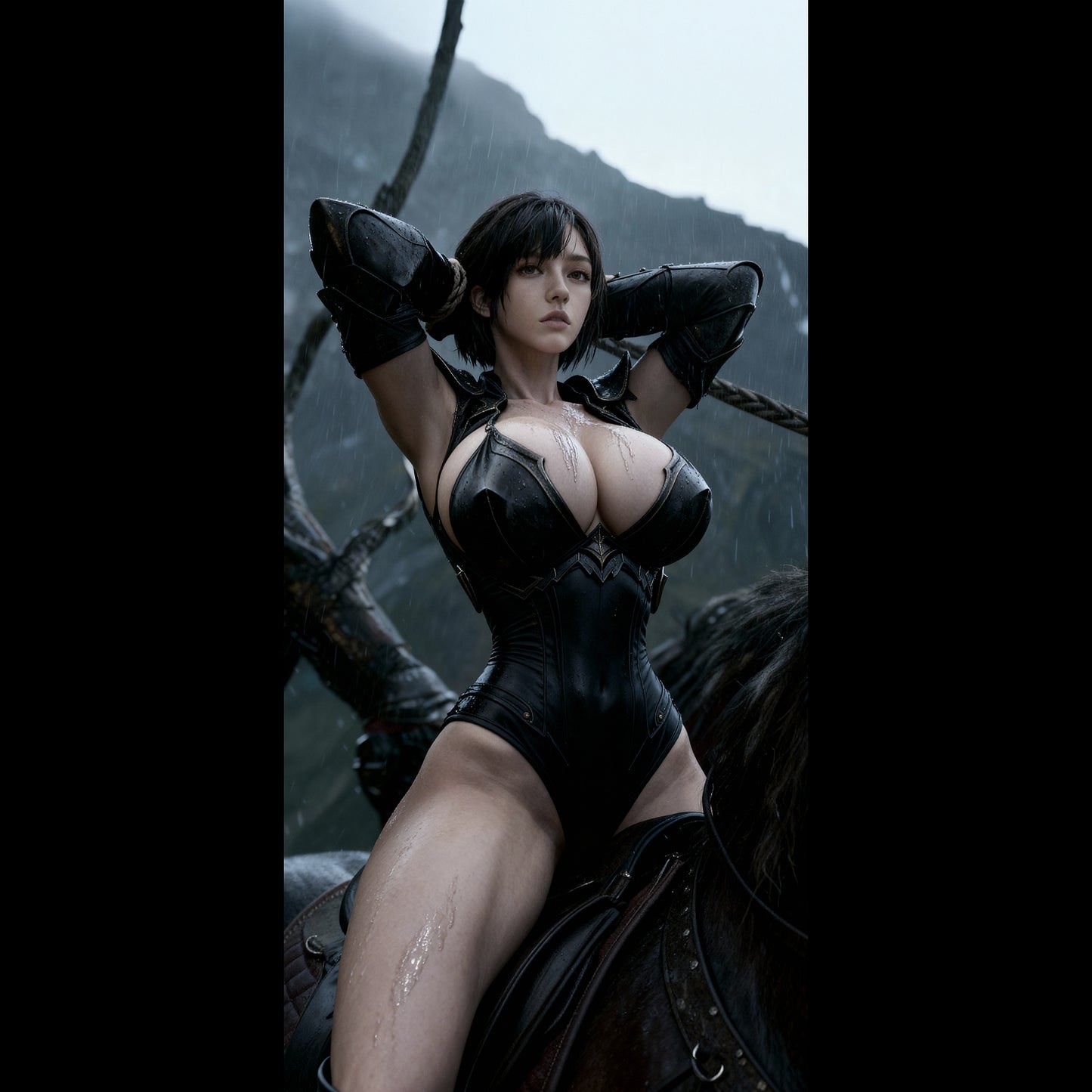 Sexy Valkyrie, Mist is captured and sitting on a black horse in rainy Nordic mountains, featured as a mobile live wallpaper. Sexy iPhone Wallpaper and Android Wallpapers, Big Breasts sexy warrior. Busty warrior.