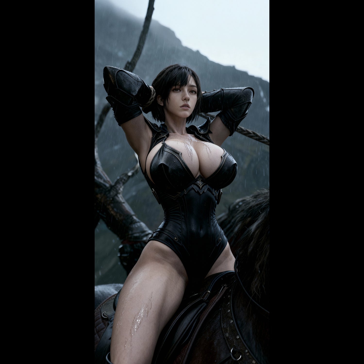 Sexy Valkyrie, Mist is captured and sitting on a black horse in rainy Nordic mountains, featured as a mobile live wallpaper. Sexy iPhone Wallpaper and Android Wallpapers, Big Breasts sexy warrior. Busty warrior.