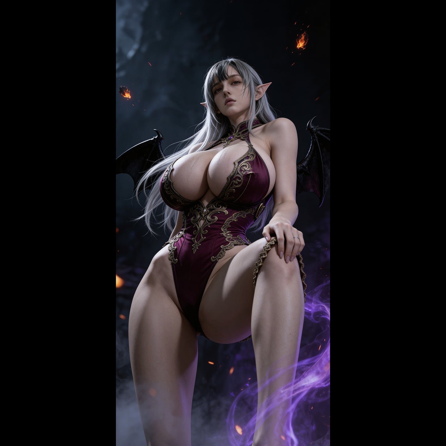 A high-resolution mobile wallpaper of the Norse Valkyrie, Mist, cosplay as Mirajane. She wears ornate black leather armor that highlights her athletic figure and narrow waist. Her skin is glistening, and her intense gaze creates a powerful, ethereal presence in a cinematic dark fantasy style. Dark fantasy wallpaper.