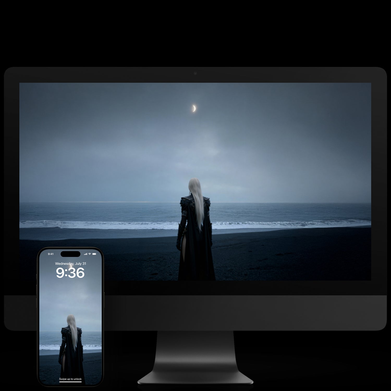 Minimalist 4K wallpaper of a quiet Nordic shore at night. An ethereal goddess silhouette stands under a glowing lune in a misty, atmospheric sky. Clean, cinematic landscape with calm ocean waves and deep blue tones, perfect for desktop and mobile backgrounds.