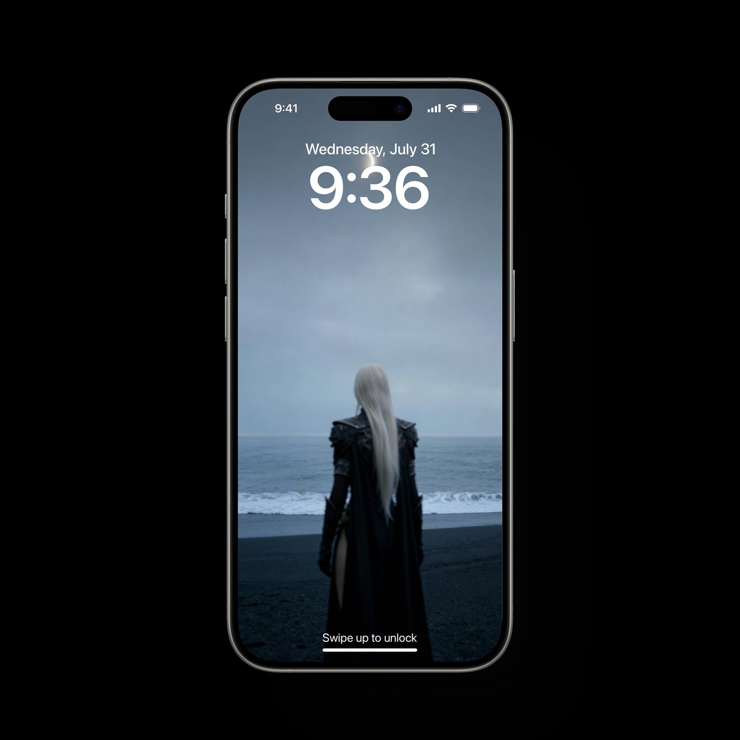 Minimalist 4K wallpaper of a quiet Nordic shore at night. An ethereal goddess silhouette stands under a glowing lune in a misty, atmospheric sky. Clean, cinematic landscape with calm ocean waves and deep blue tones, perfect for desktop and mobile backgrounds.