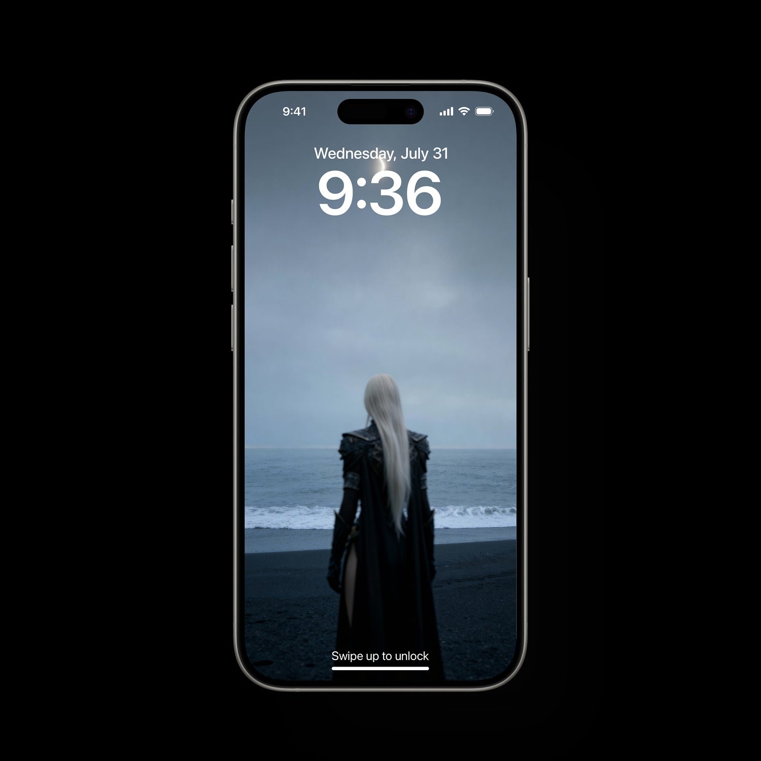 Minimalist 4K wallpaper of a quiet Nordic shore at night. An ethereal goddess silhouette stands under a glowing lune in a misty, atmospheric sky. Clean, cinematic landscape with calm ocean waves and deep blue tones, perfect for desktop and mobile backgrounds.