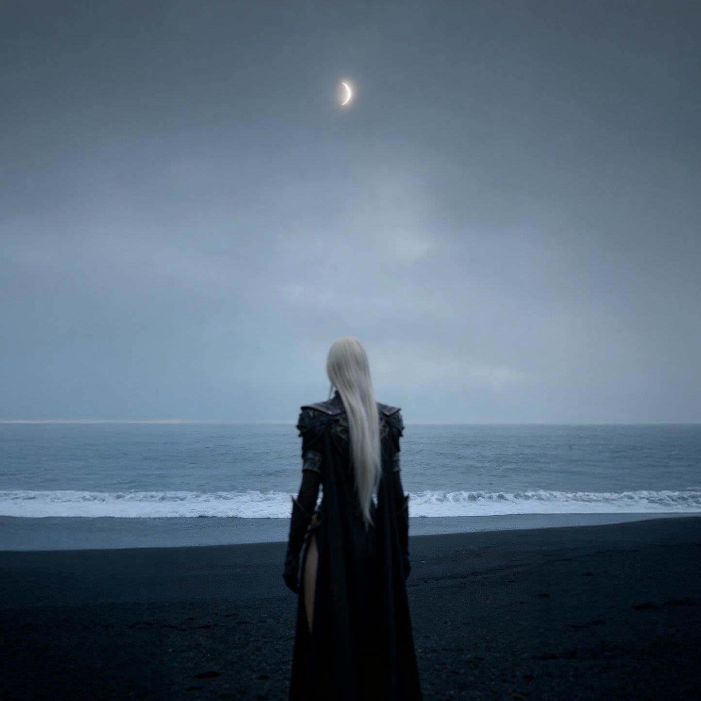 Minimalist 4K wallpaper of a quiet Nordic shore at night. An ethereal goddess silhouette stands under a glowing lune in a misty, atmospheric sky. Clean, cinematic landscape with calm ocean waves and deep blue tones, perfect for desktop and mobile backgrounds.