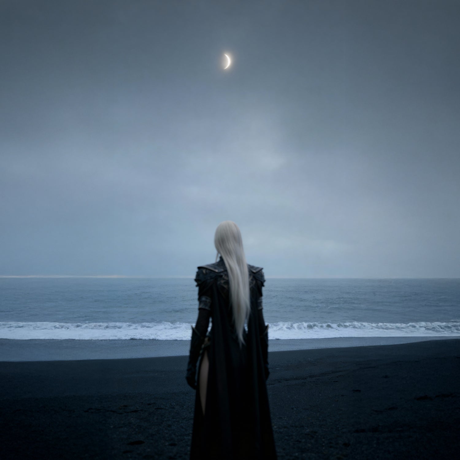 Minimalist 4K wallpaper of a quiet Nordic shore at night. An ethereal goddess silhouette stands under a glowing lune in a misty, atmospheric sky. Clean, cinematic landscape with calm ocean waves and deep blue tones, perfect for desktop and mobile backgrounds.