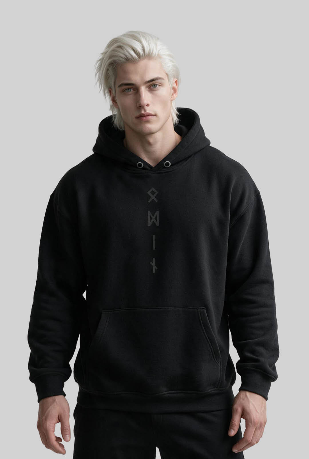 Black minimalist Norse mythology hoodie with rune back graphic, Viking streetwear, Scandinavian dark aesthetic apparel, Norse gods clothing by Nordikido