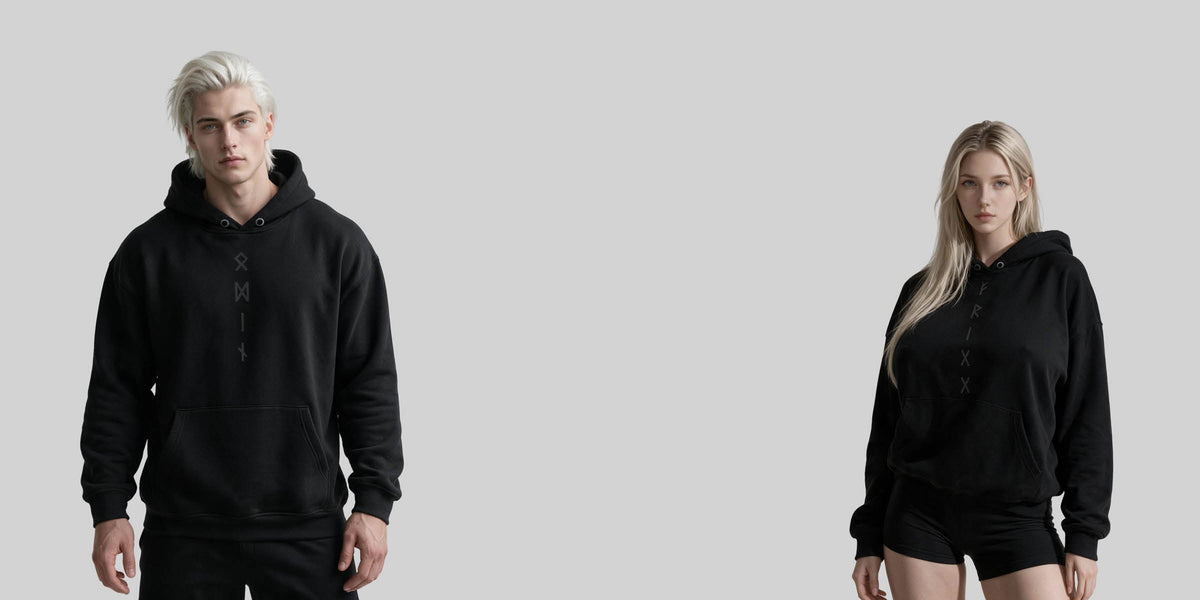 Black minimalist Norse mythology hoodie with rune back graphic, Viking streetwear, Scandinavian dark aesthetic apparel, Norse gods clothing by Nordikido