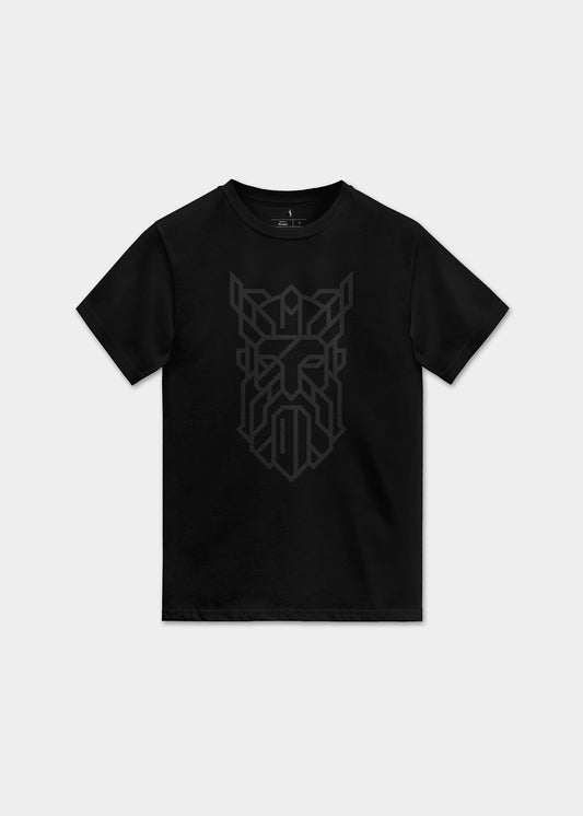 All-black Odin t-shirt with subtle black-on-black rune graphic, minimalist Norse mythology apparel — Nordikido