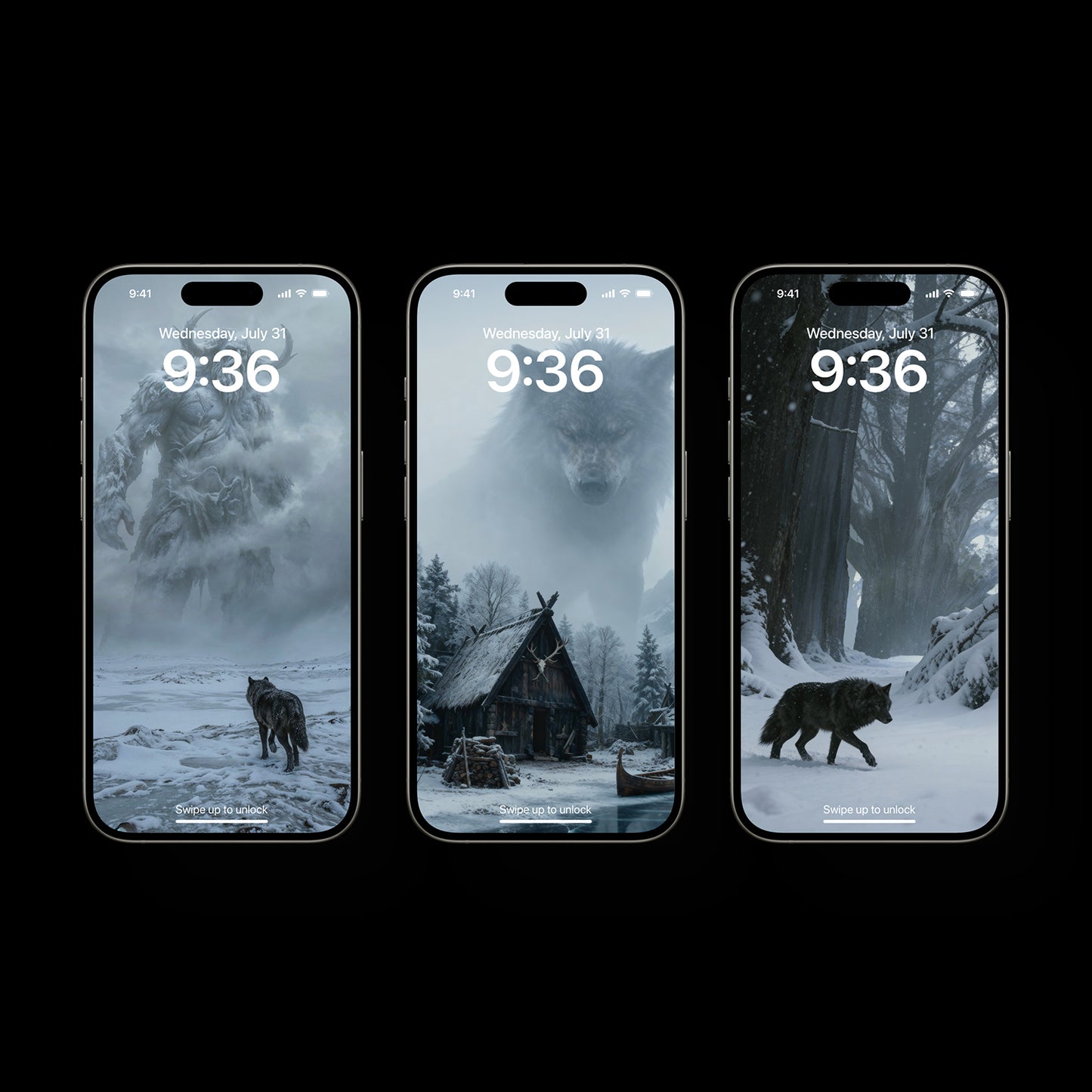 Norse titan and Fenrir wolf walking through a snowy forest during a violent winter storm.