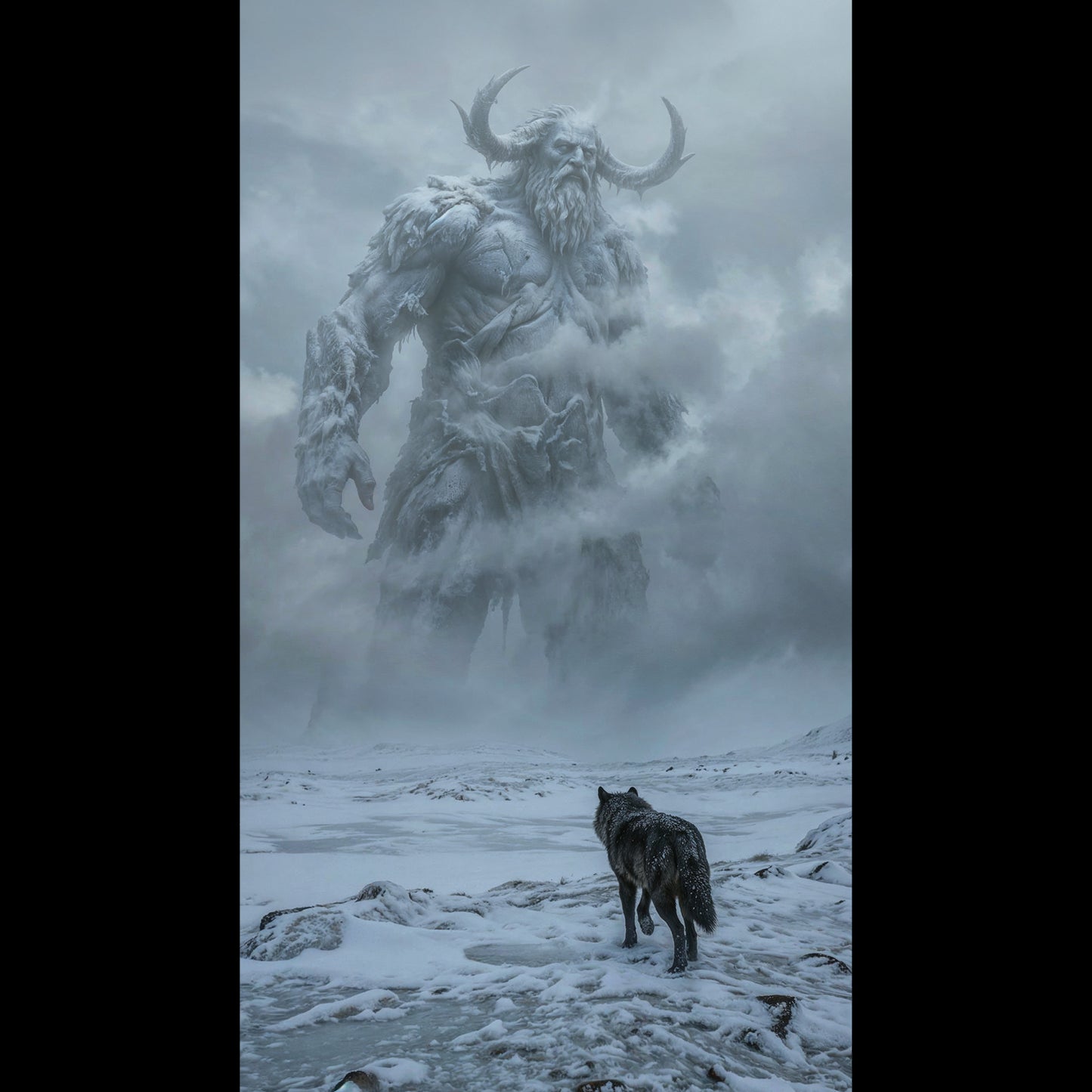 Norse titan and Fenrir wolf walking through a snowy forest during a violent winter storm.