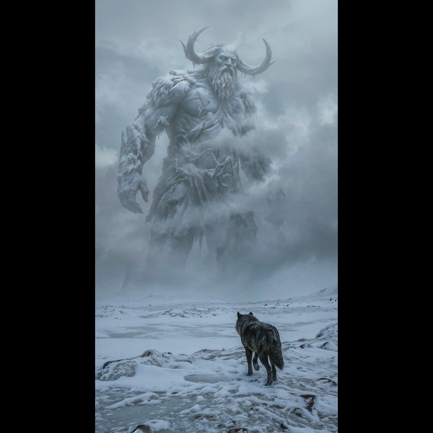 Norse titan and Fenrir wolf walking through a snowy forest during a violent winter storm.