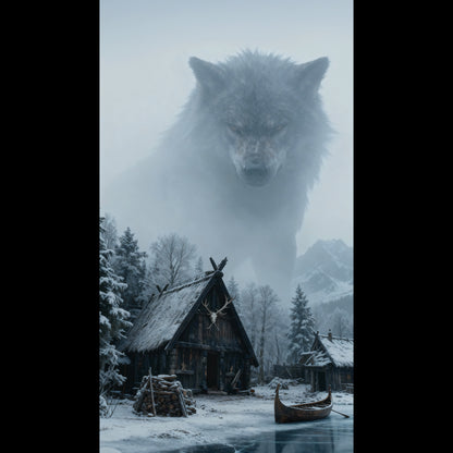 Norse titan and Fenrir wolf walking through a snowy forest during a violent winter storm.