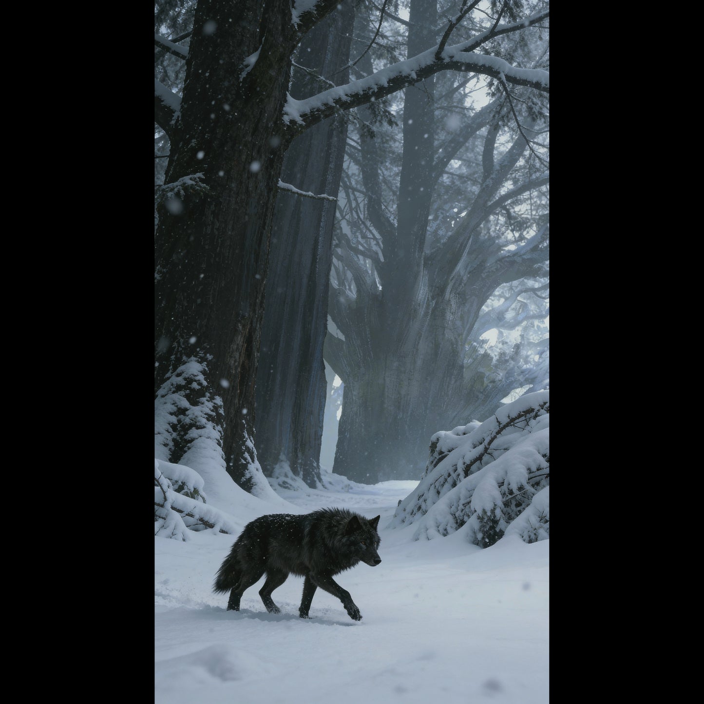 Norse titan and Fenrir wolf walking through a snowy forest during a violent winter storm.