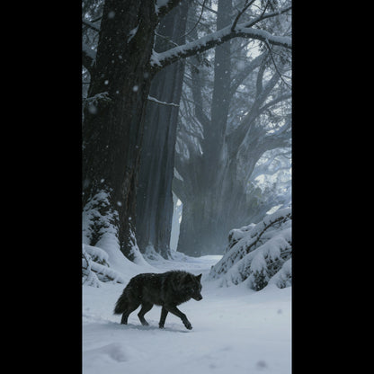 Norse titan and Fenrir wolf walking through a snowy forest during a violent winter storm.