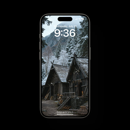 A high-resolution mobile live wallpaper of a Viking village during heavy winter, completely covered in snow and conveying profound Northern silence.