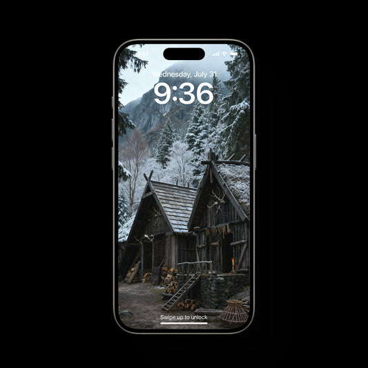 A high-resolution mobile live wallpaper of a Viking village during heavy winter, completely covered in snow and conveying profound Northern silence.