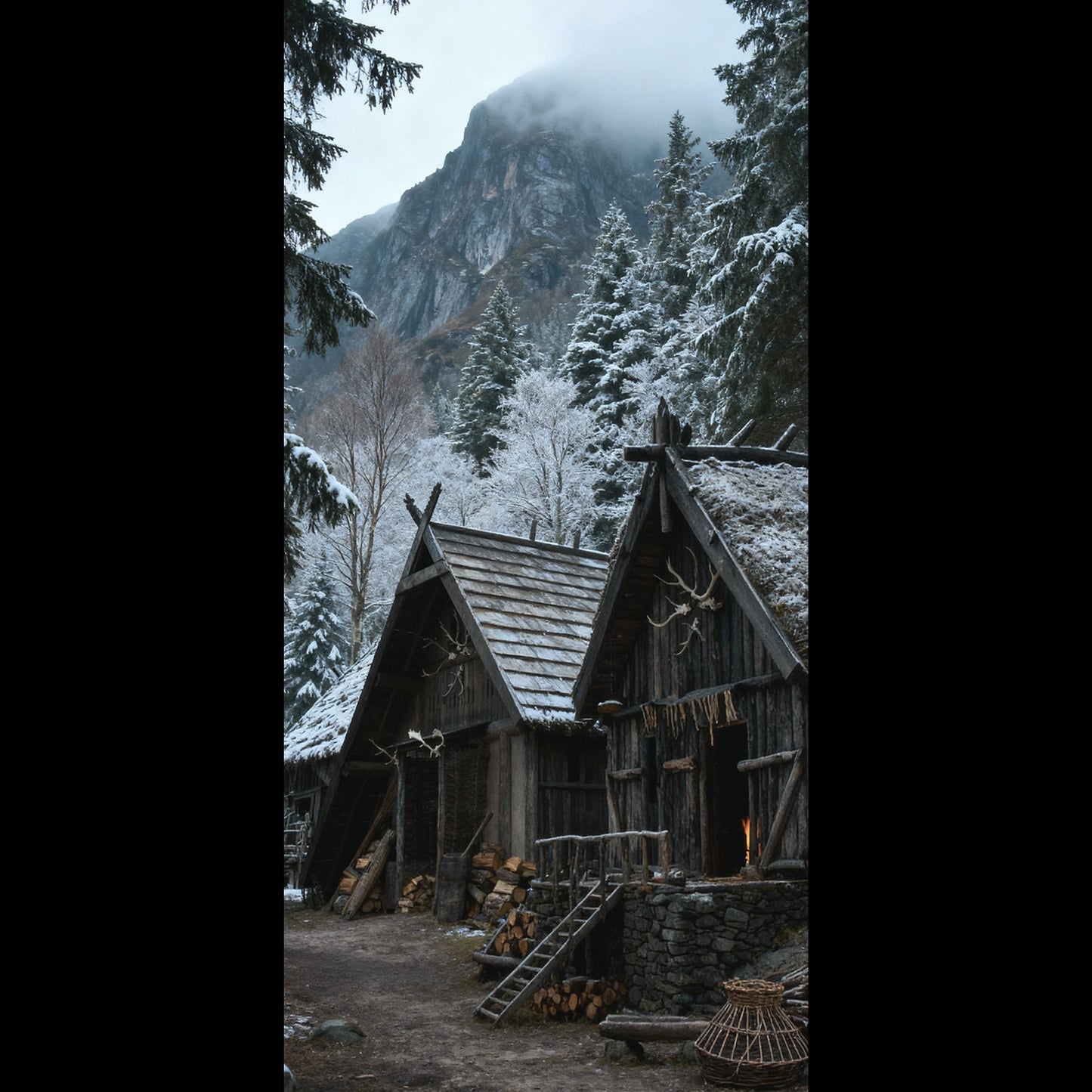 A high-resolution mobile live wallpaper of a Viking village during heavy winter, completely covered in snow and conveying profound Northern silence.