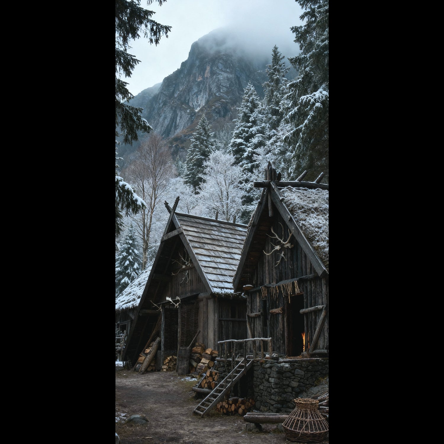 A high-resolution mobile live wallpaper of a Viking village during heavy winter, completely covered in snow and conveying profound Northern silence.