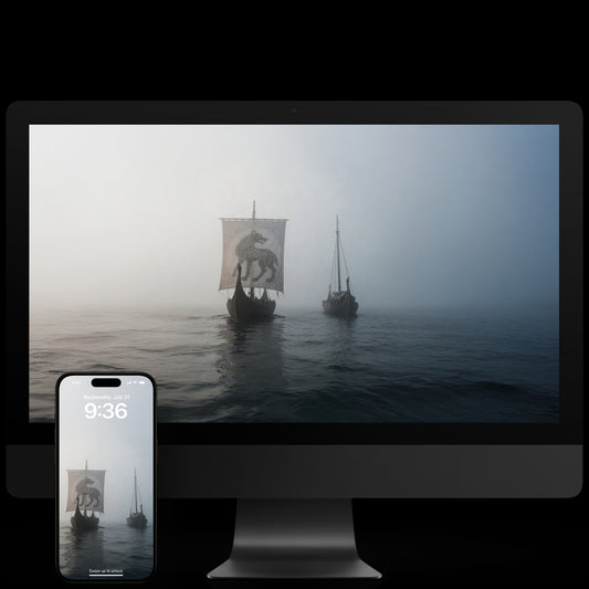 Epic atmospheric digital art of two Viking ships in the ocean, deep ocean. Dark, moody cinematic scene with high waves and a dramatic sky. Minimalist composition designed as a high-resolution wallpaper for computer and phone screens.