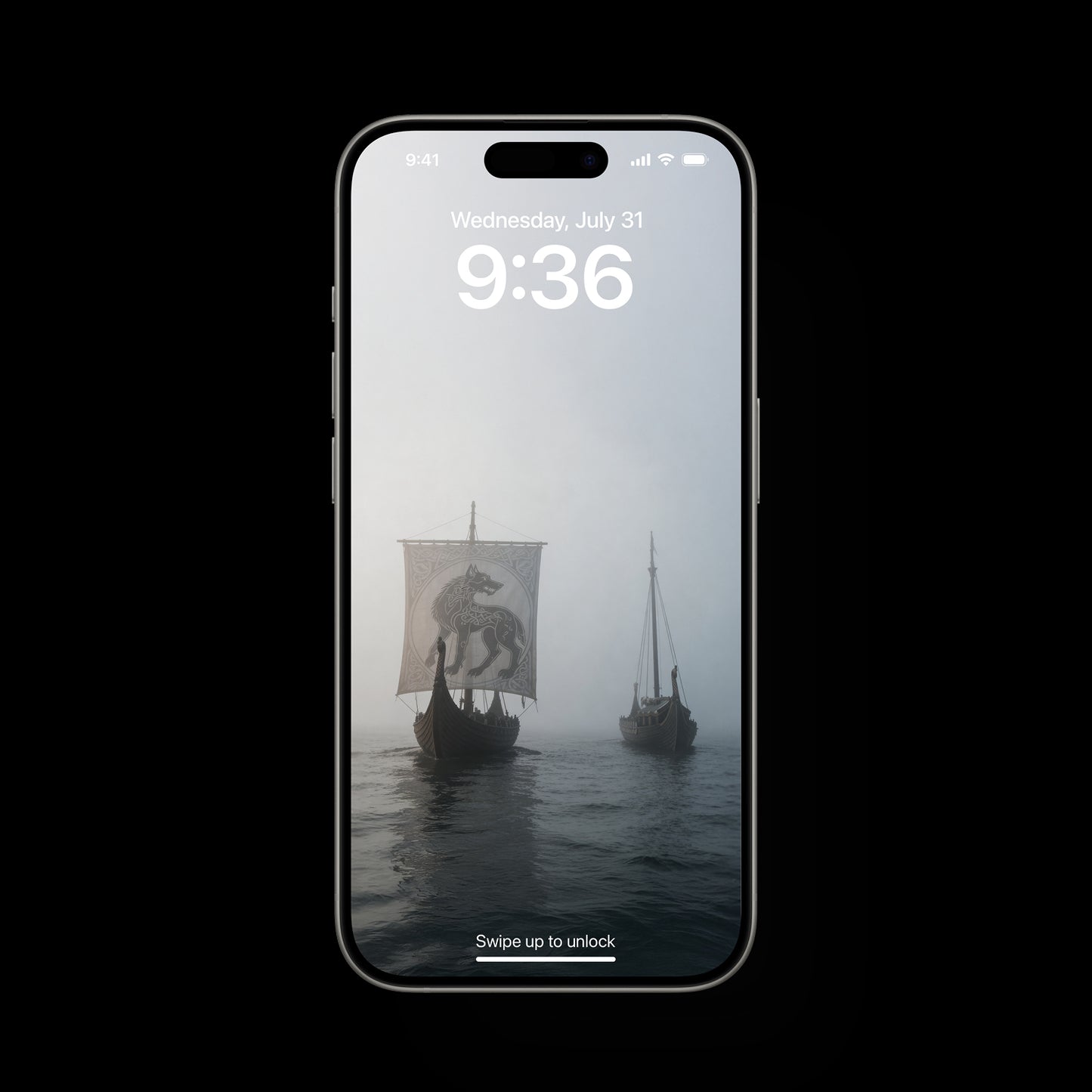Epic atmospheric digital art of two Viking ships in the ocean, deep ocean. Dark, moody cinematic scene with high waves and a dramatic sky. Minimalist composition designed as a high-resolution wallpaper for computer and phone screens.