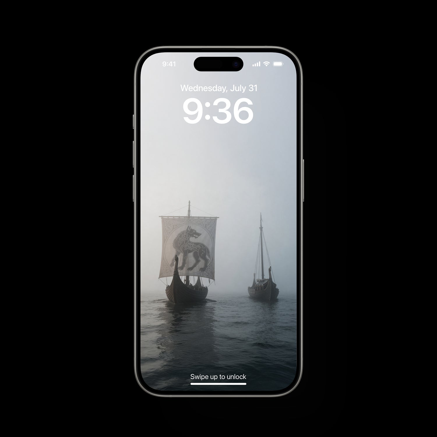 Epic atmospheric digital art of two Viking ships in the ocean, deep ocean. Dark, moody cinematic scene with high waves and a dramatic sky. Minimalist composition designed as a high-resolution wallpaper for computer and phone screens.