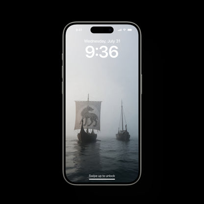Epic atmospheric digital art of two Viking ships in the ocean, deep ocean. Dark, moody cinematic scene with high waves and a dramatic sky. Minimalist composition designed as a high-resolution wallpaper for computer and phone screens.