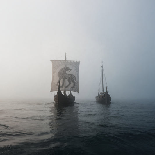Epic atmospheric digital art of two Viking ships in the ocean, deep ocean. Dark, moody cinematic scene with high waves and a dramatic sky. Minimalist composition designed as a high-resolution wallpaper for computer and phone screens.