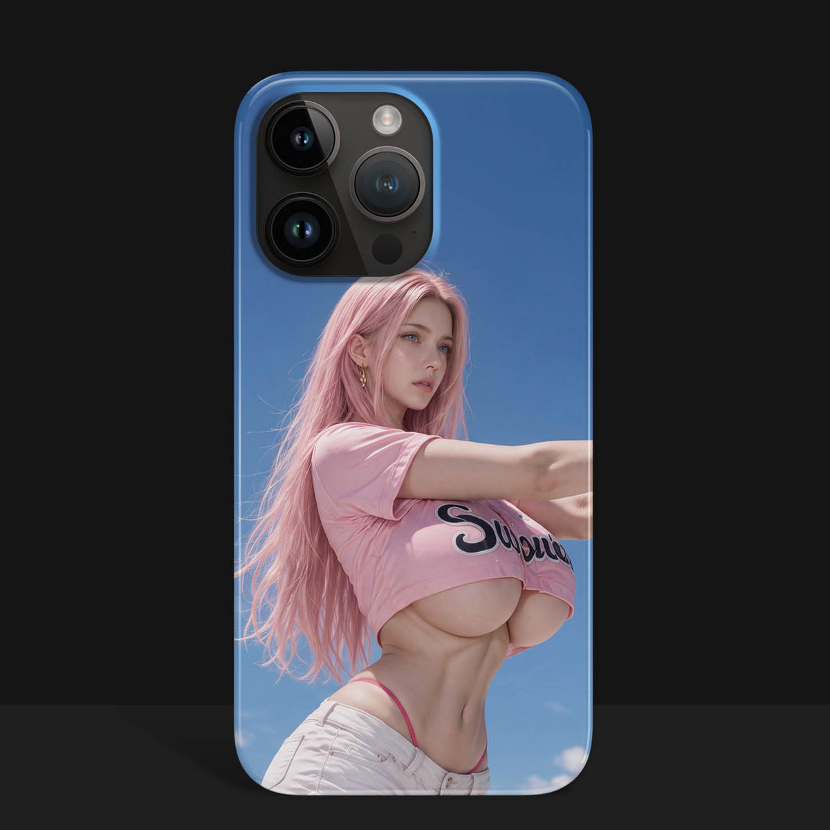 iPhone phone case featuring an anime-style illustration of a pink-haired woman in a pink crop top and white shorts against a clear blue sky background.   