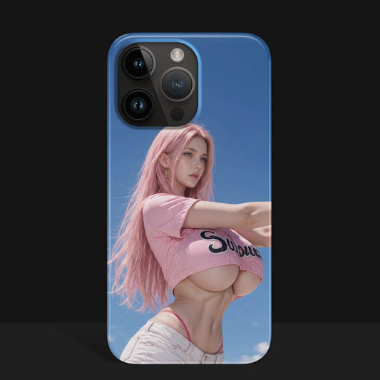 iPhone phone case featuring an anime-style illustration of a pink-haired woman in a pink crop top and white shorts against a clear blue sky background.   