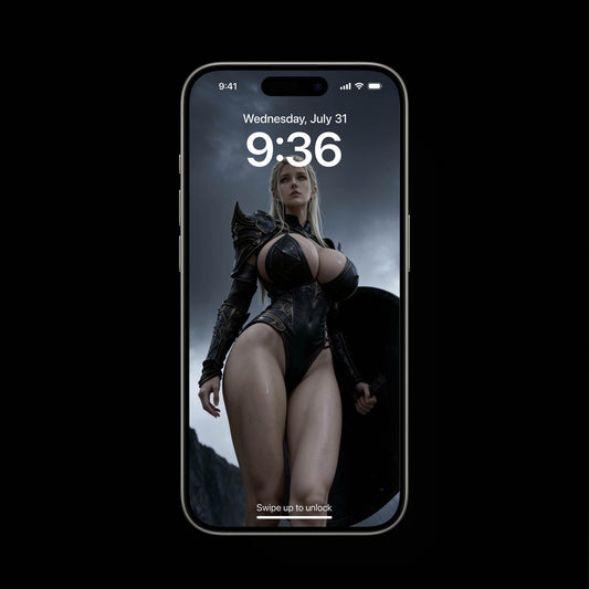 A sexy, busty Norse Valkyrie, Sigrun, holding a huge black Viking shield. Shield-maiden. A high-resolution mobile wallpaper of the Norse goddess Idunn standing against a misty mountain backdrop. She wears ornate black leather armor that highlights her athletic figure and narrow waist. Her skin is glistening, and her intense gaze creates a powerful, ethereal presence in a cinematic dark fantasy style. HD iPhone Wallpaper. HD Android Wallpaper.