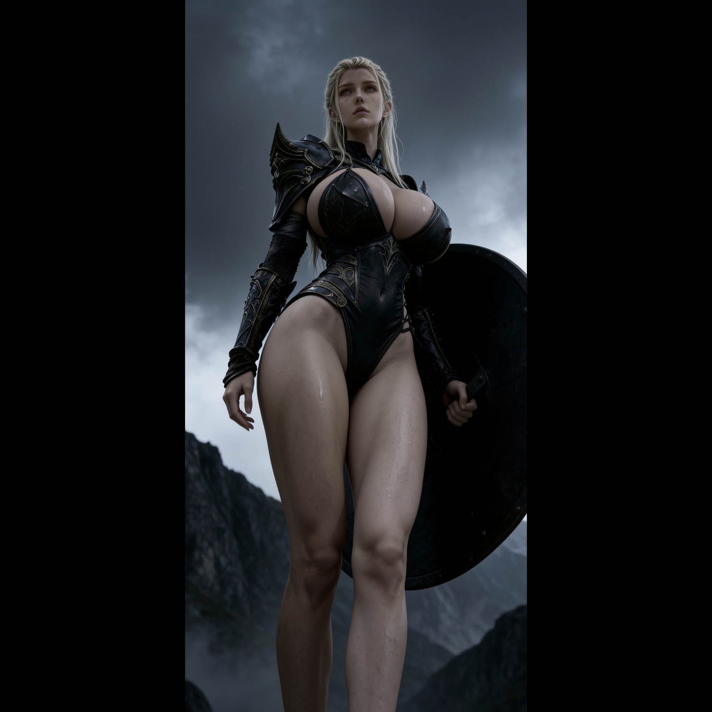 A sexy, busty Norse Valkyrie, Sigrun, holding a huge black Viking shield. Shield-maiden. A high-resolution mobile wallpaper of the Norse goddess Idunn standing against a misty mountain backdrop. She wears ornate black leather armor that highlights her athletic figure and narrow waist. Her skin is glistening, and her intense gaze creates a powerful, ethereal presence in a cinematic dark fantasy style. HD iPhone Wallpaper. HD Android Wallpaper.