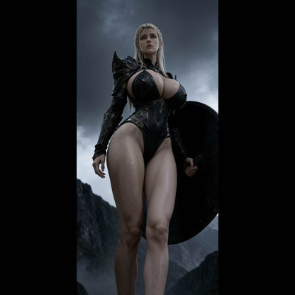 A sexy, busty Norse Valkyrie, Sigrun, holding a huge black Viking shield. Shield-maiden. A high-resolution mobile wallpaper of the Norse goddess Idunn standing against a misty mountain backdrop. She wears ornate black leather armor that highlights her athletic figure and narrow waist. Her skin is glistening, and her intense gaze creates a powerful, ethereal presence in a cinematic dark fantasy style. HD iPhone Wallpaper. HD Android Wallpaper.