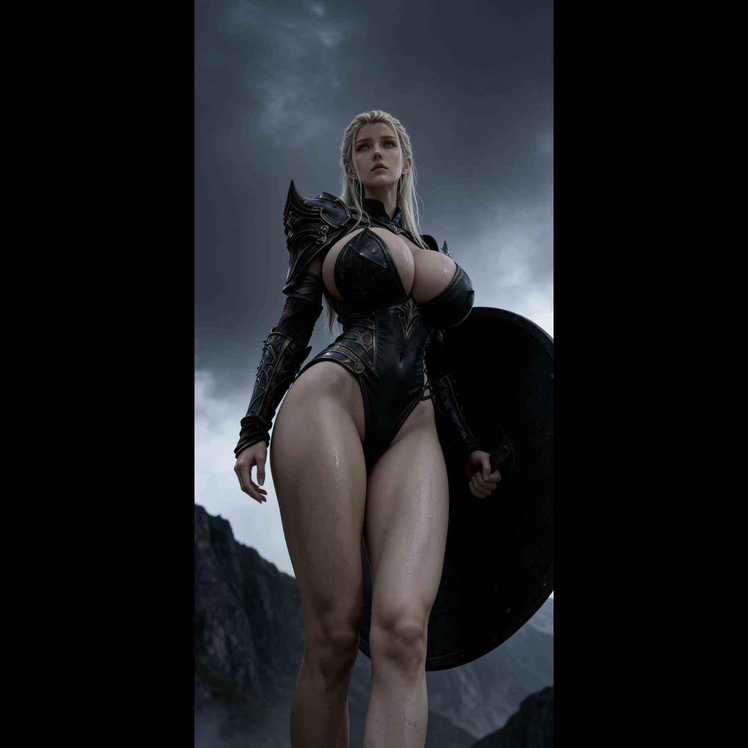 A sexy, busty Norse Valkyrie, Sigrun, holding a huge black Viking shield. Shield-maiden. A high-resolution mobile wallpaper of the Norse goddess Idunn standing against a misty mountain backdrop. She wears ornate black leather armor that highlights her athletic figure and narrow waist. Her skin is glistening, and her intense gaze creates a powerful, ethereal presence in a cinematic dark fantasy style. HD iPhone Wallpaper. HD Android Wallpaper.