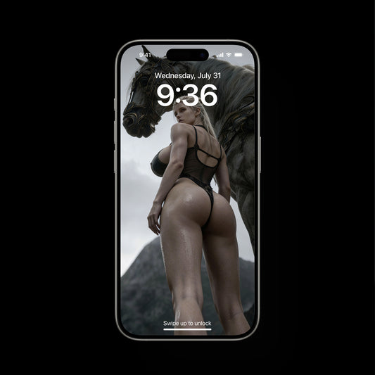 A sexy Valkyrie, Sigrun, is standing with her war horse.. A high-resolution mobile wallpaper of the Norse goddess Idunn standing against a misty mountain backdrop. She wears ornate black leather armor that highlights her athletic figure and narrow waist. Her skin is glistening, and her intense gaze creates a powerful, ethereal presence in a cinematic dark fantasy style.
