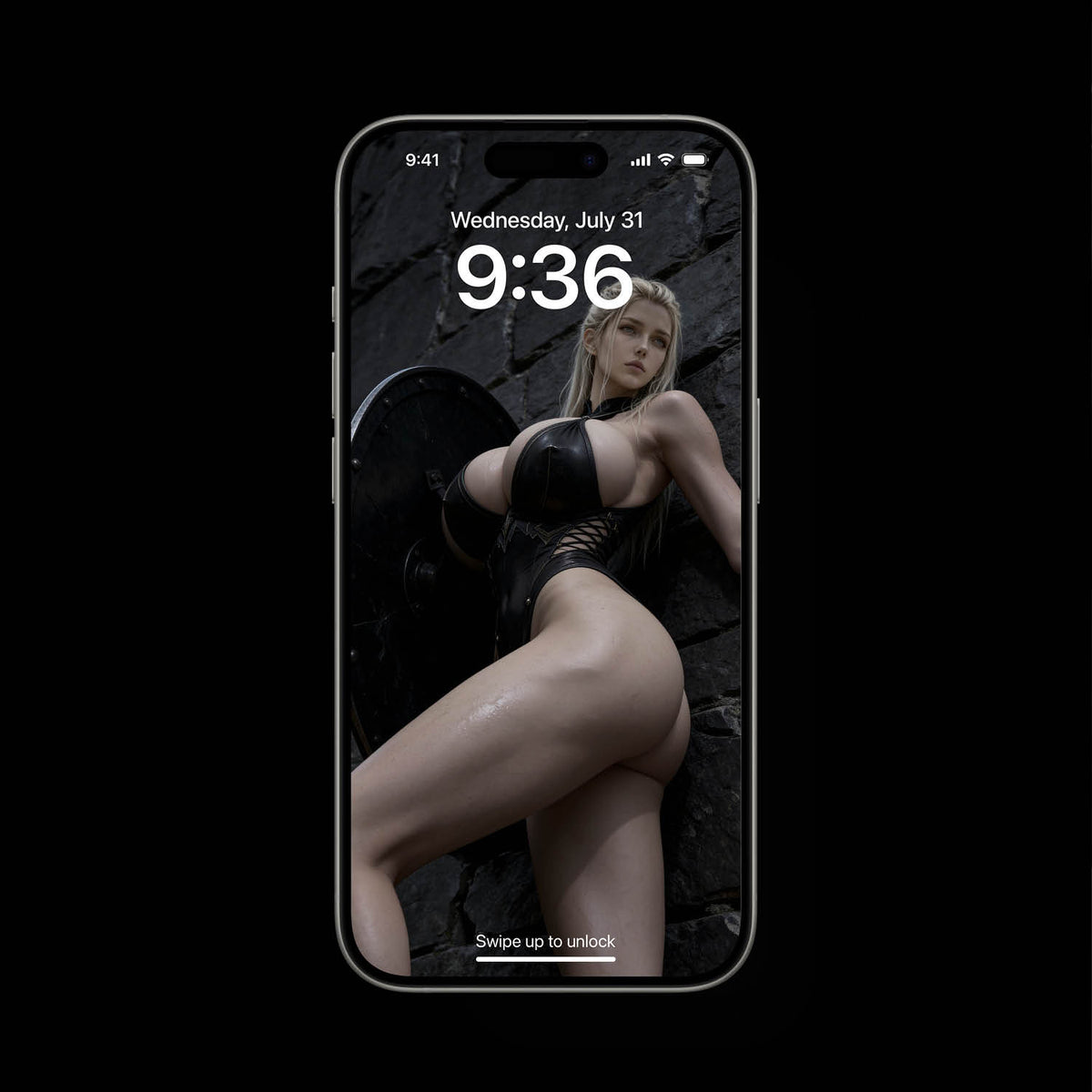 Sigrun's Vanguard 4K mobile wallpaper, dark aesthetic Norse mythology Valkyrie warrior art render holding shield by fortress wall, high resolution OLED dark mode phone background, HD dynamic live lockscreen setup for iOS and Android.