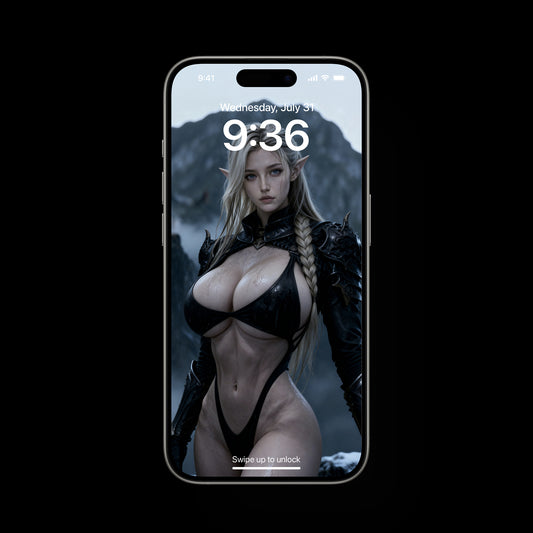 Skadi, Norse frost giant, standing in a snowy mountain landscape with wolves, cold mist, and a fallen tree bridge in a dark cinematic fantasy scene.