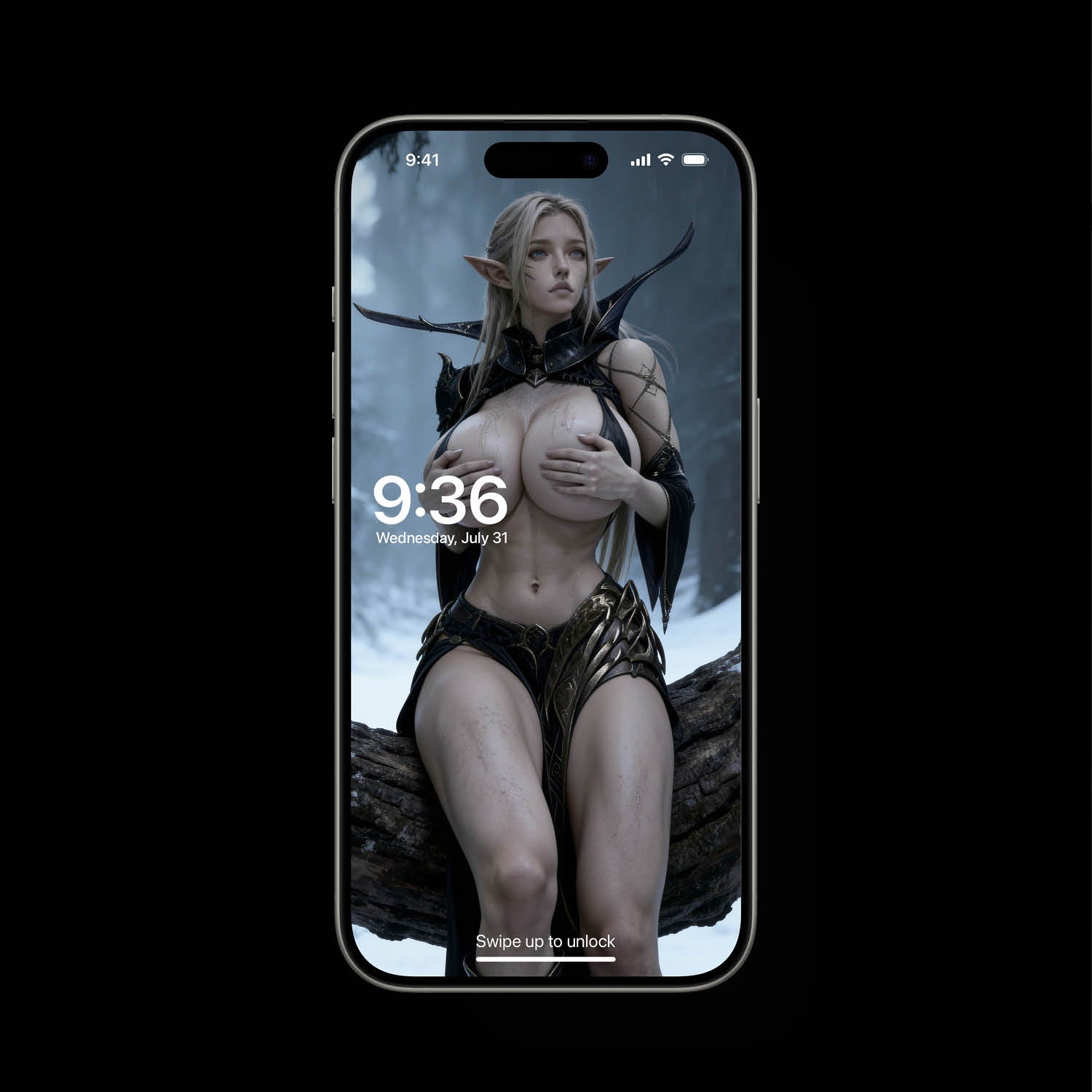 A sexy, busty Norse Goddess, Skadi, sitting on a tree in winter forest. A high-resolution mobile wallpaper of the Norse goddess Idunn standing against a misty mountain backdrop. She wears ornate black leather armor that highlights her athletic figure and narrow waist. Her skin is glistening, and her intense gaze creates a powerful, ethereal presence in a cinematic dark fantasy style. HD iPhone Wallpaper. HD Android Wallpaper.