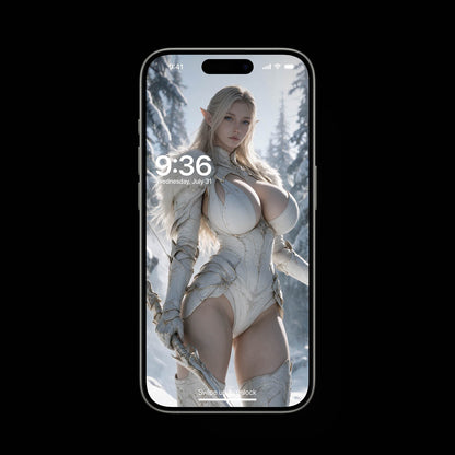 Skadi's Winter 4K mobile wallpaper featuring an athletic blonde elf warrior in white and silver armor with white fur trim holding a spear amidst a snowy winter forest background.