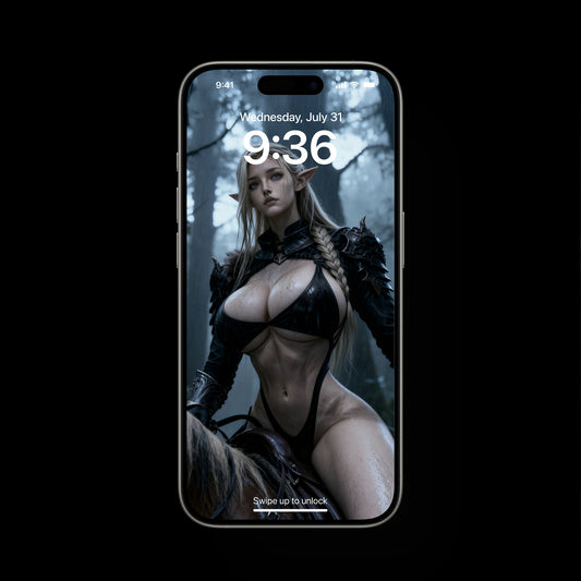 Skadi rides through a dark, misty forest on horseback, her figure steady and commanding as the horse moves with smooth, rhythmic steps. Tall pines fade into shadow while soft light flickers across her form. Designed as a mobile live wallpaper, the scene loops seamlessly, capturing a cold, immersive atmosphere with subtle motion, flowing detail, and a powerful, untamed presence that brings the wild Nordic spirit to life on screen.