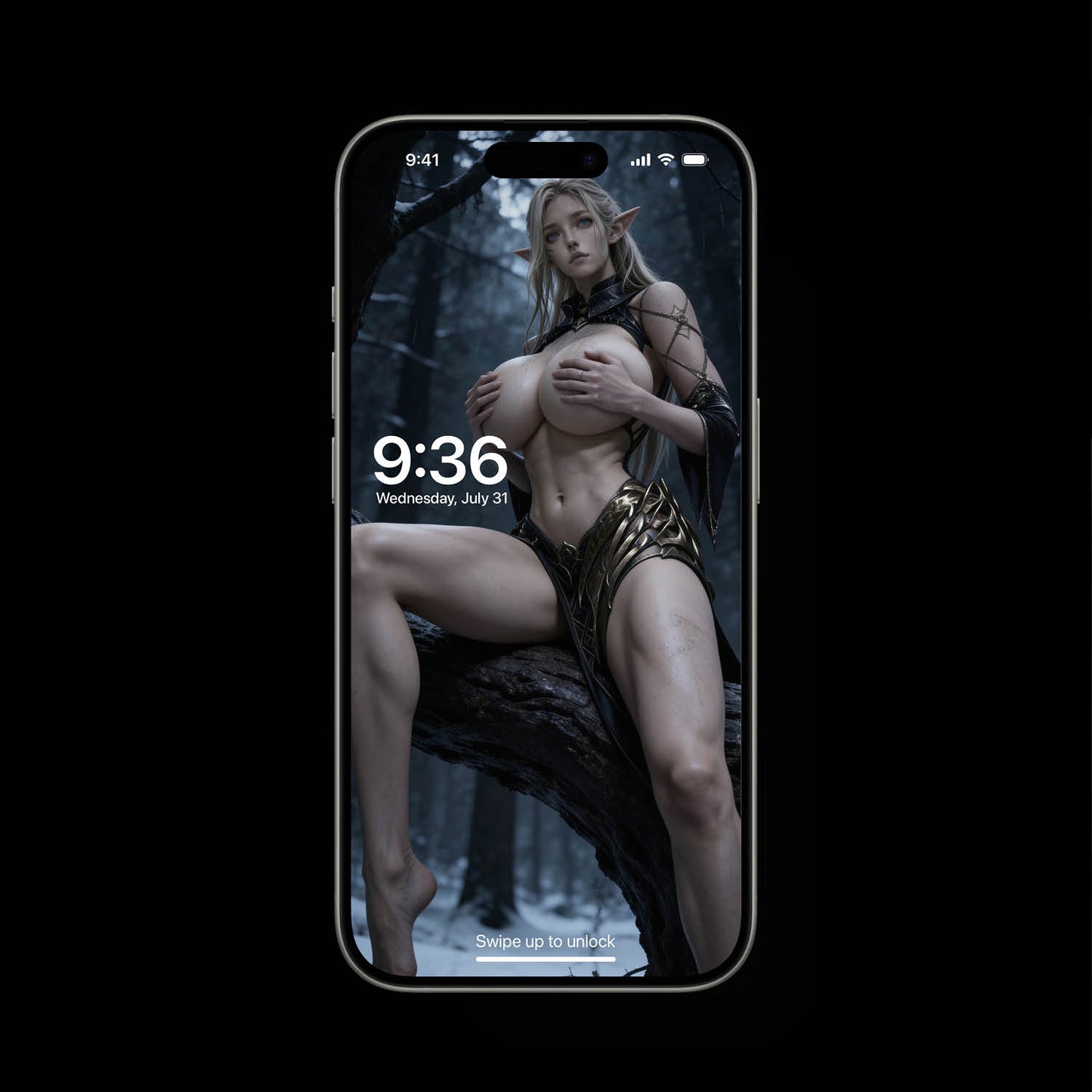 A sexy, busty Goddess, Skadi, sitting on a huge tree branch. She is wearing sleek black lingerie. A high-resolution mobile wallpaper of the Norse goddess Idunn standing against a misty mountain backdrop. She wears ornate black leather armor that highlights her athletic figure and narrow waist. Her skin is glistening, and her intense gaze creates a powerful, ethereal presence in a cinematic dark fantasy style. HD iPhone Wallpaper. HD Android Wallpaper.