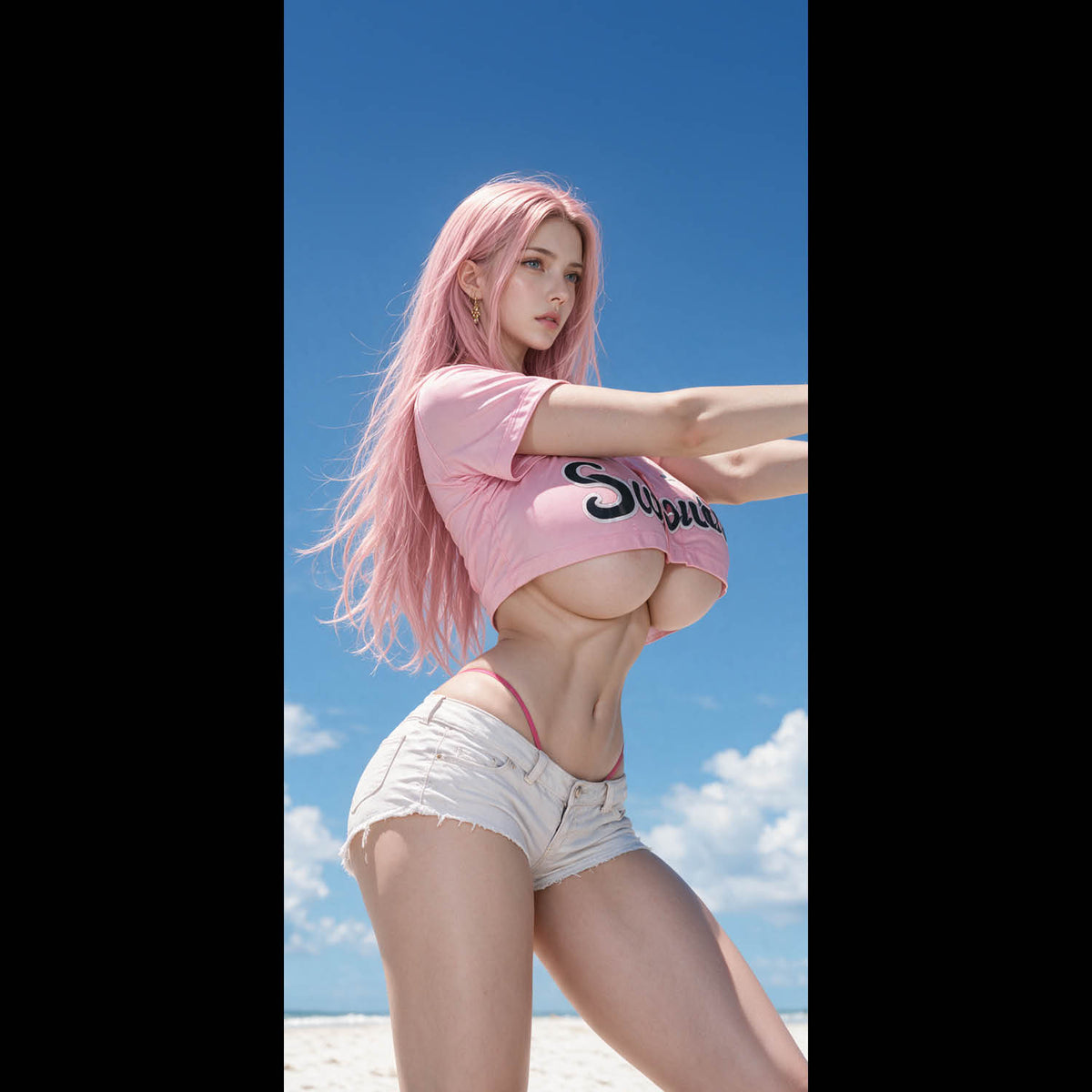 Sexy woman in pink outfit and white shorts by the white sand beach