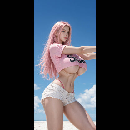 Sexy woman in pink outfit and white shorts by the white sand beach