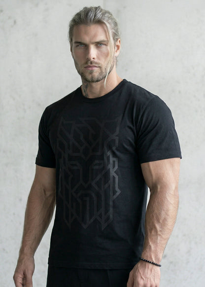 Black Thor t-shirt with tonal black ink Norse rune print, minimalist Viking apparel by Nordikido