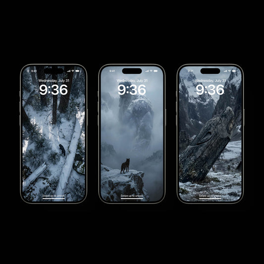 An atmospheric, 4K phone background depicting a colossal frost giant from Norse mythology towering over a misty mountain valley. The giant features glowing ice-blue eyes and a frozen beard, shrouded in thick clouds. In the foreground, a lone wolf stands sentinel on a jagged, snow-dusted cliff edge, looking up at the immense entity. The scene is cinematic, dark, and filled with a sense of mythic scale.