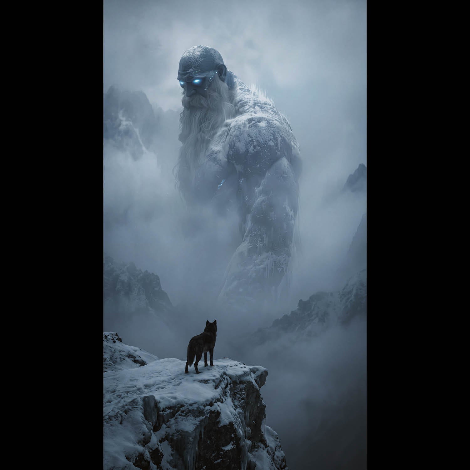 An atmospheric, 4K phone background depicting a colossal frost giant from Norse mythology towering over a misty mountain valley. The giant features glowing ice-blue eyes and a frozen beard, shrouded in thick clouds. In the foreground, a lone wolf stands sentinel on a jagged, snow-dusted cliff edge, looking up at the immense entity. The scene is cinematic, dark, and filled with a sense of mythic scale.