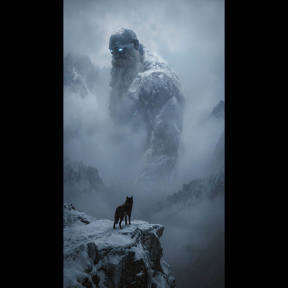 An atmospheric, 4K phone background depicting a colossal frost giant from Norse mythology towering over a misty mountain valley. The giant features glowing ice-blue eyes and a frozen beard, shrouded in thick clouds. In the foreground, a lone wolf stands sentinel on a jagged, snow-dusted cliff edge, looking up at the immense entity. The scene is cinematic, dark, and filled with a sense of mythic scale.